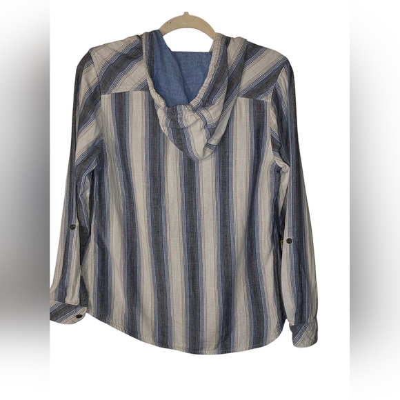 Boston Traders Blue and Gray Striped Cotton "Shacket" Hoodie Med Button Front - Picture 2 of 6